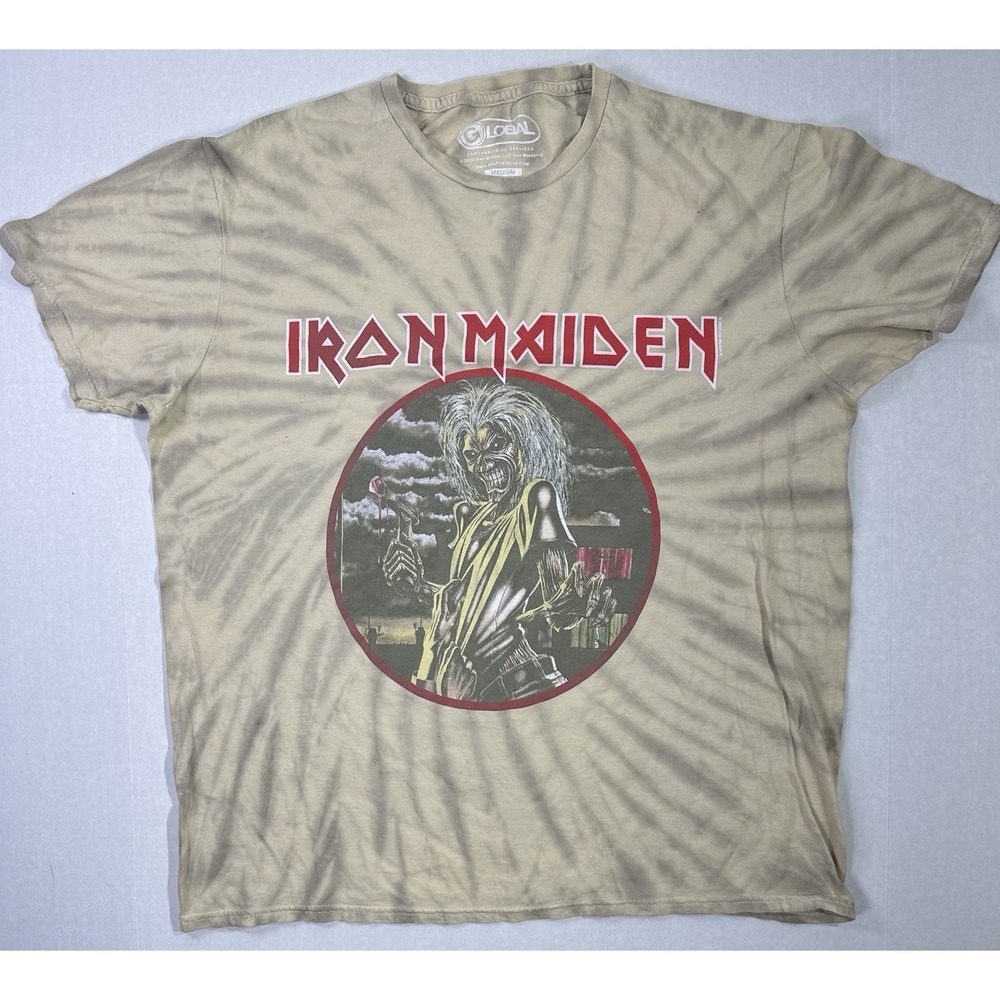 Iron Maiden T-Shirt Medium Beige Tie Dye Eddie Graphic Metal Band Tee 2022